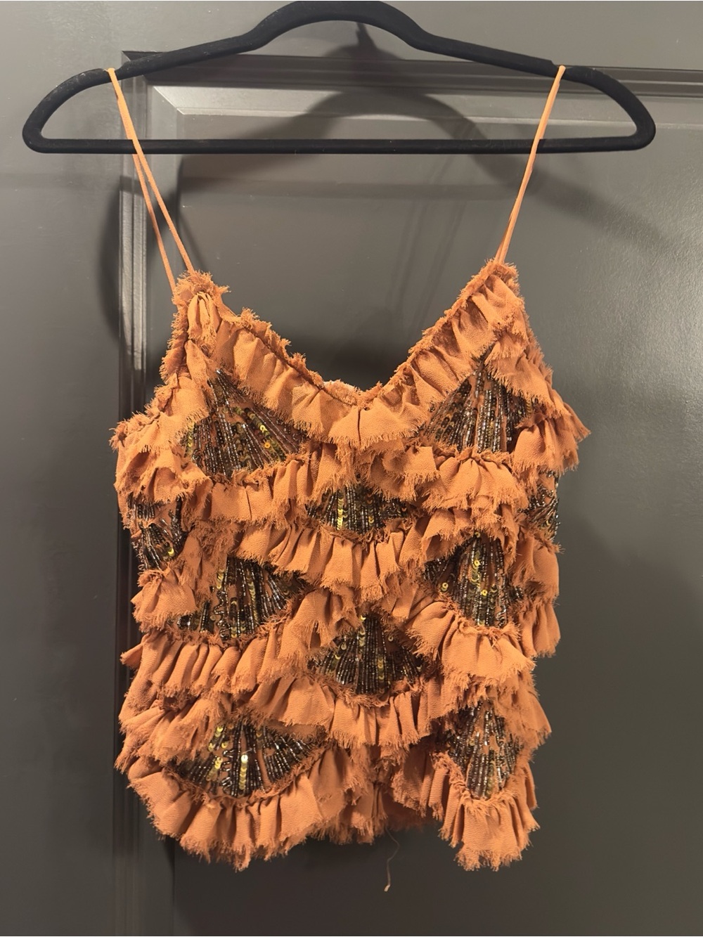 ZARA Rust Ruffle Sequin Spaghetti-Strap Tank Top - Picture 5 of 6